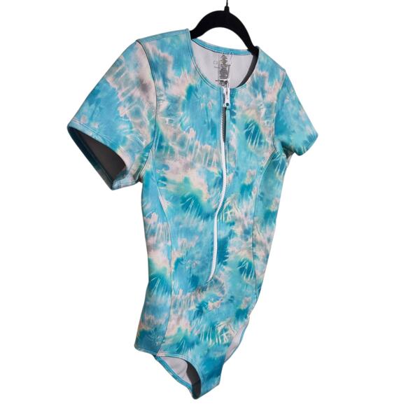Calme Johnny Was Neoprene Swimsuit Front Zip Short Sleeve Tie Dye Blue Small NEW - Picture 2 of 9